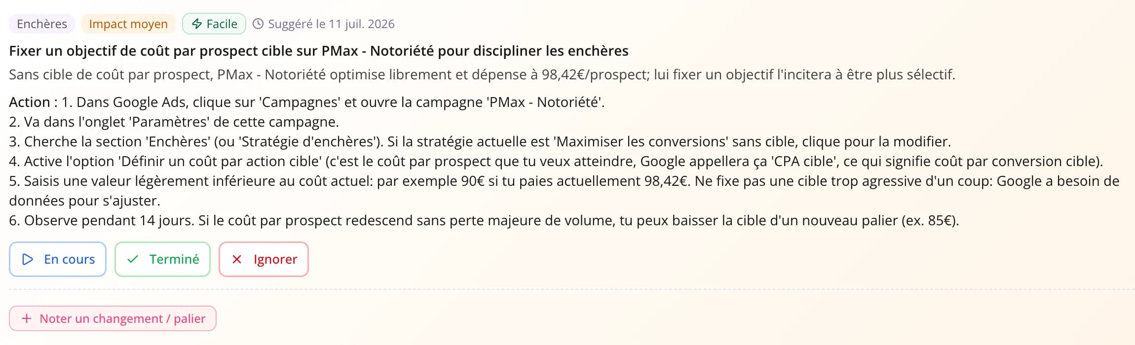 Recommandation d'enchères avec le mode d'emploi pas à pas.