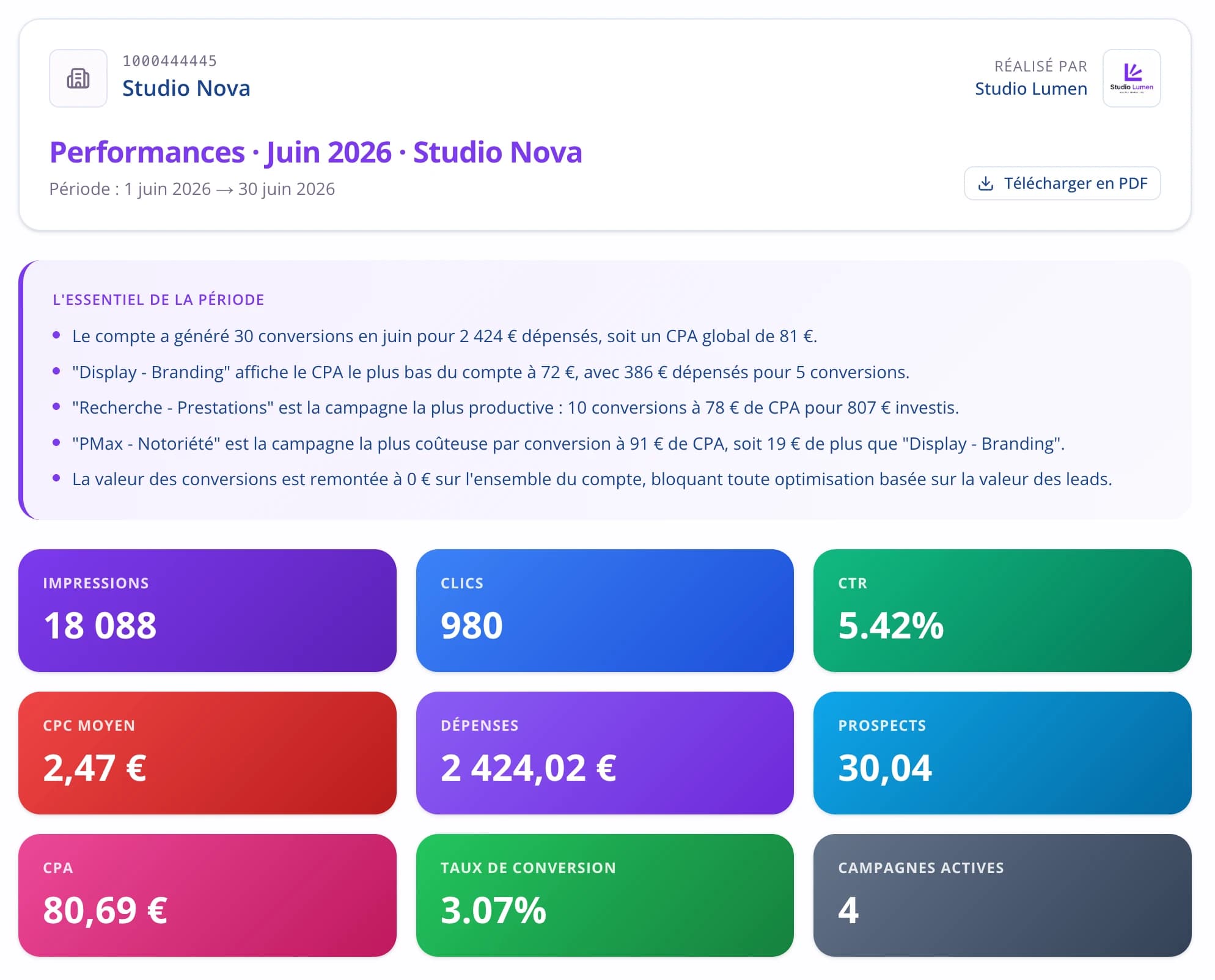 Rapport client Pulzeo brandé aux couleurs de l'agence, prêt à envoyer.