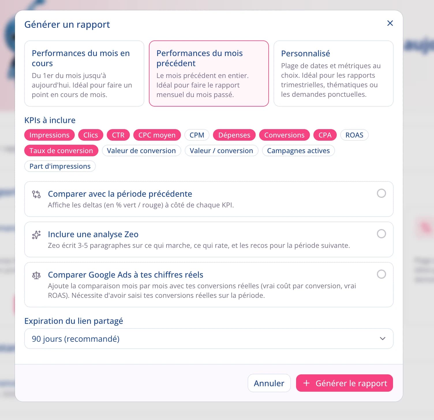Interface de génération et de planification d'un rapport client.