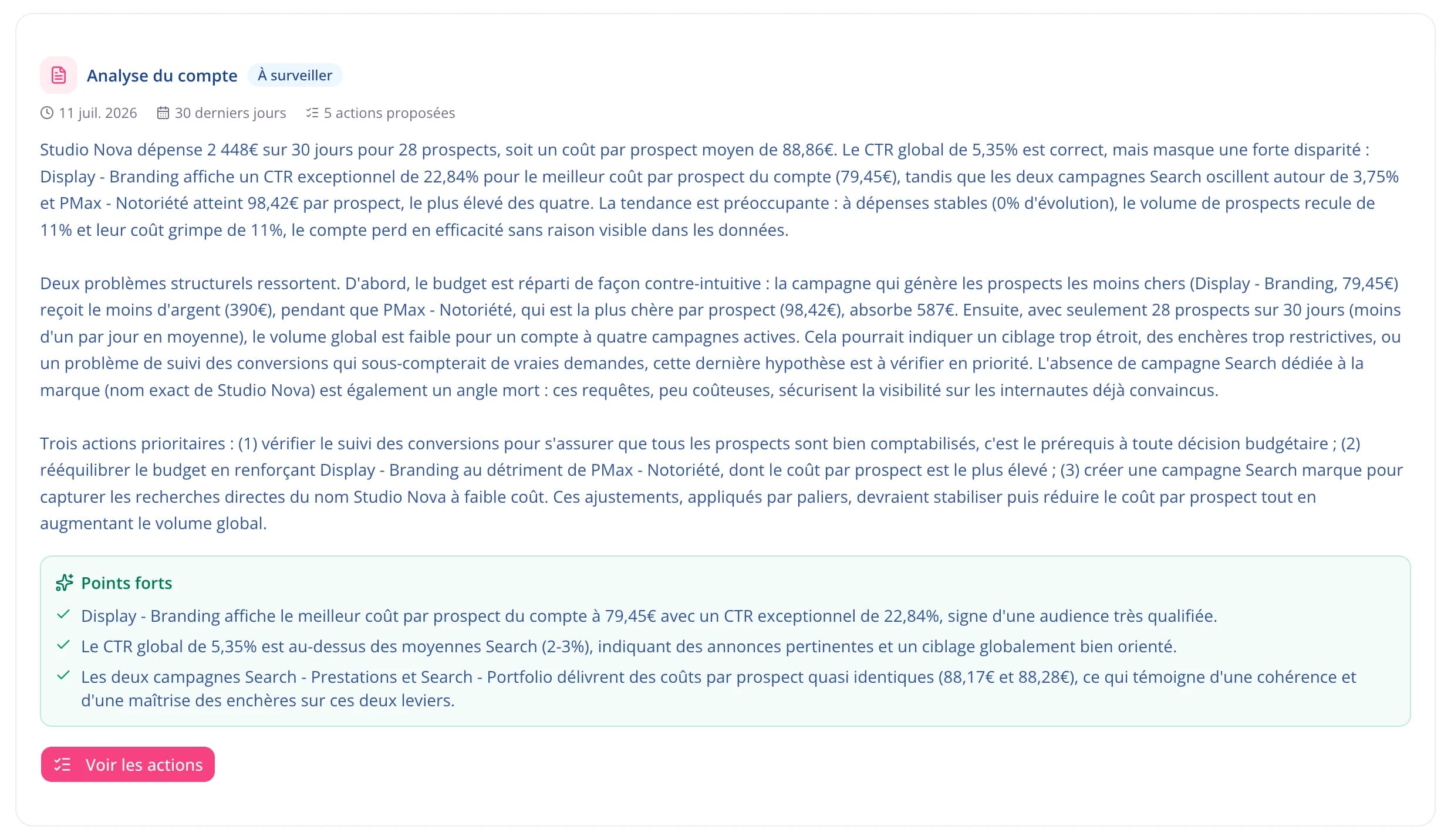 Analyse de compte par Zeo : badge de sévérité, synthèse et points forts.