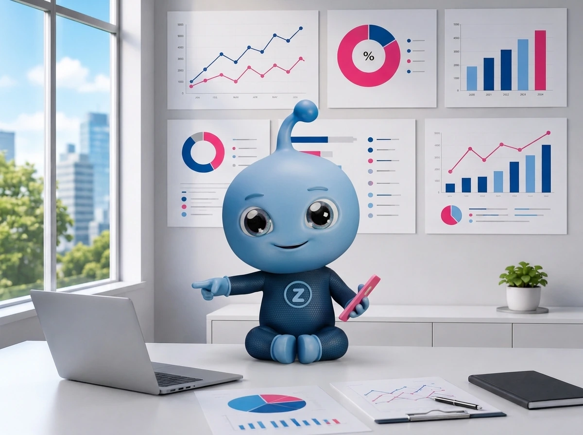 Zeo, la mascotte de Pulzeo, assise à un bureau d'agence devant un mur de tableaux de bord et de graphiques de performance, un téléphone à la main et un ordinateur portable ouvert.