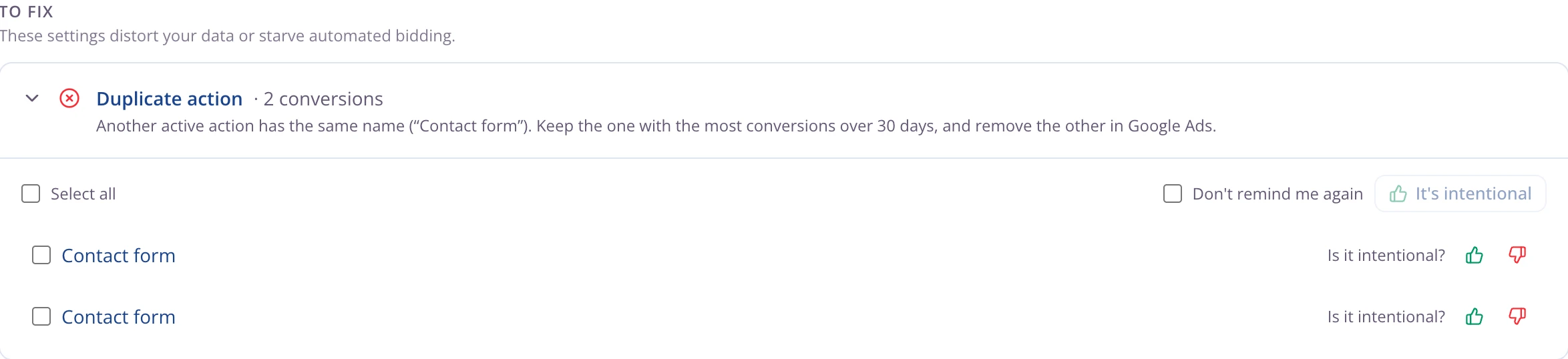 The conversion check-up expanded: two actions share the same name, “Contact form”, with the detail of each and a button to mark the duplicate as intentional.
