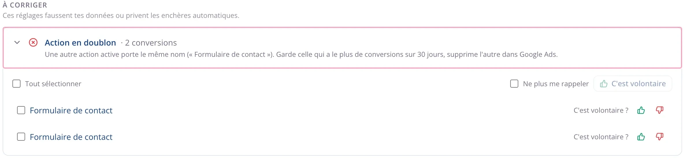 Diagnostic des conversions déplié : deux actions portent le même nom, avec le détail de chacune et le bouton pour signaler que le doublon est volontaire.