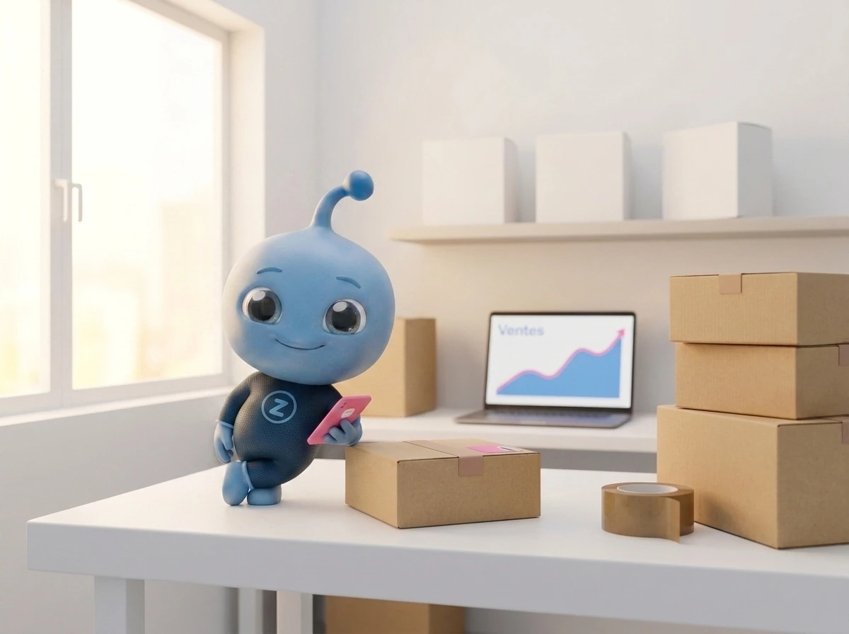 Zeo, la mascotte de Pulzeo, dans un atelier d'expédition, un téléphone à la main au milieu des cartons, devant un ordinateur portable qui affiche une courbe de ventes en hausse.