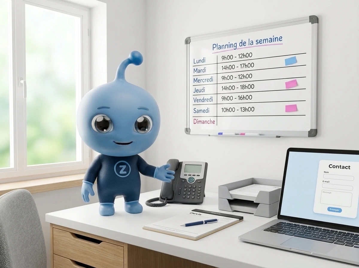 Zeo, la mascotte de Pulzeo, dans le bureau d'une petite entreprise, la main posée sur un téléphone fixe, devant le planning de la semaine au tableau blanc et un ordinateur portable ouvert sur un formulaire de contact.
