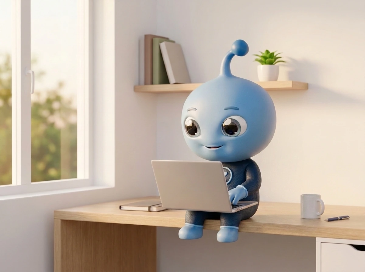 Zeo, la mascotte de Pulzeo, assise à un bureau devant un ordinateur portable affichant l'interface, dans une pièce éclairée par une fenêtre.