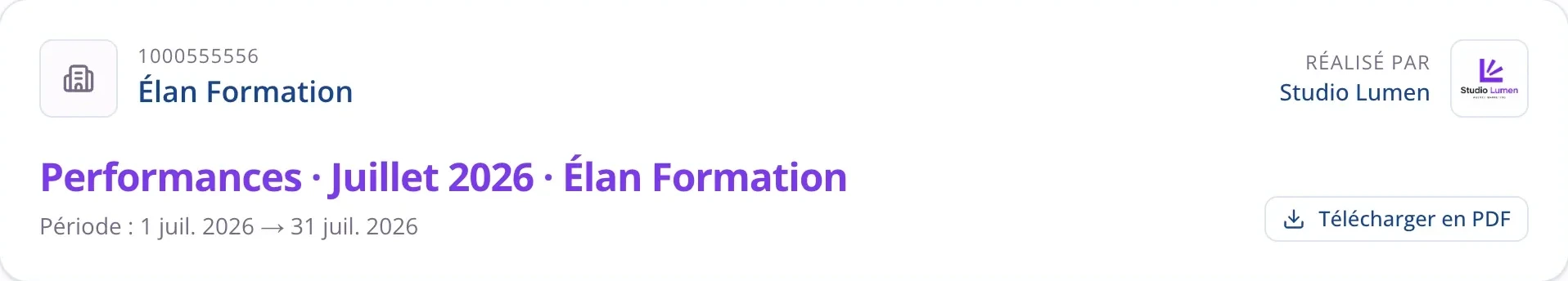 En-tête d'un rapport client : le logo de l'agence, le nom du compte, la période couverte et le bouton de téléchargement en PDF.