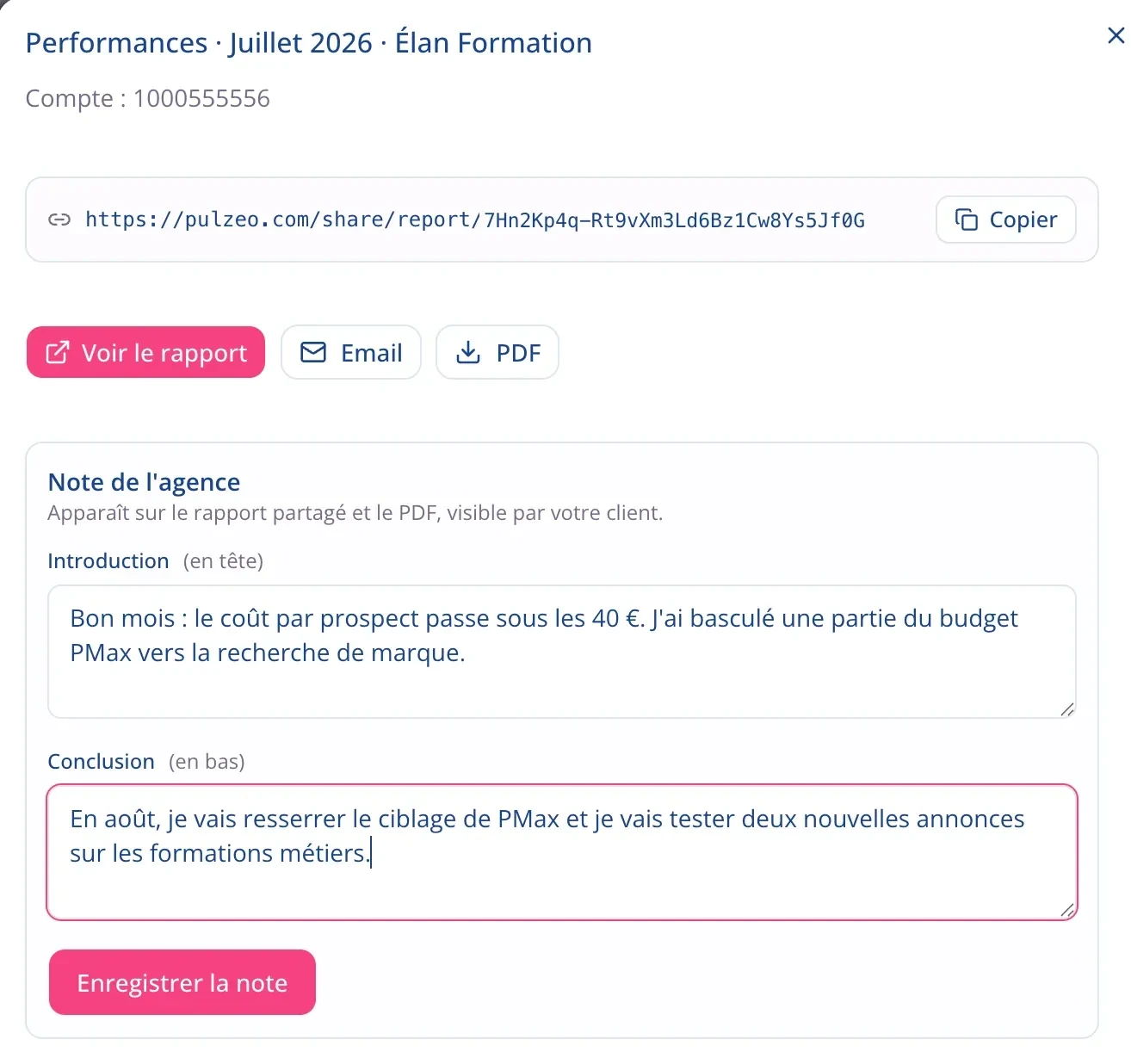 Composition d'une note d'agence sur un rapport : une introduction en tête et une conclusion en bas, toutes deux visibles par le client sur le rapport partagé et dans le PDF.