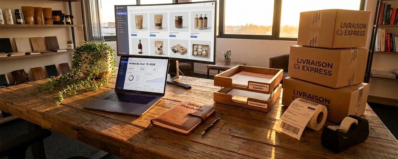 La réserve d'une boutique en ligne : un écran de catalogue, des colis prêts à partir, un rouleau d'étiquettes et une balance.