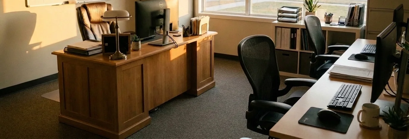 Un bureau d'entreprise éclairé par une large fenêtre, un poste de travail au premier plan et deux autres alignés au fond.