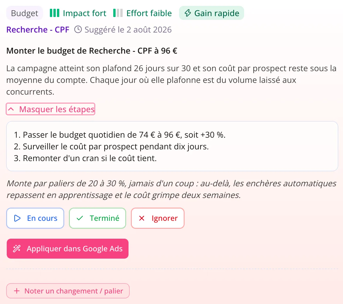 Recommandation dépliée sur un compte de génération de prospects : le constat chiffré, les trois étapes numérotées, le garde-fou sur la montée par paliers et le bouton pour l'appliquer dans Google Ads.