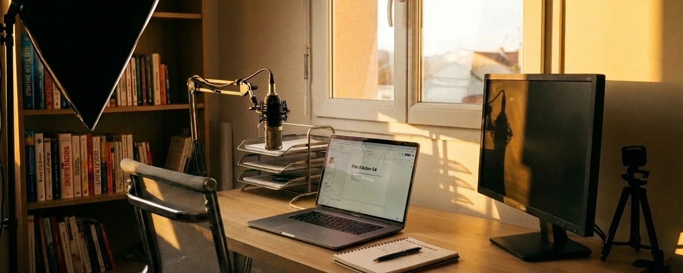 Un bureau à domicile en fin de journée, la lumière rasante d'une fenêtre sur un ordinateur portable ouvert, un carnet et une tasse.